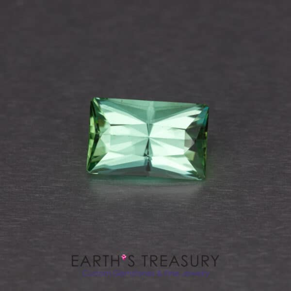 Studio Fluorescent Lighting: 3.90-Carat Neon Blue-Green Indicolite Tourmaline A rectangular, faceted 3.90-Carat Neon Blue-Green Indicolite Tourmaline is set against a dark, smooth background. The text "EARTH'S TREASURY Custom Gemstones & Fine Jewelry" is displayed below the gemstone.