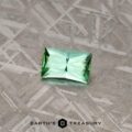 A close-up image of the 3.90-Carat Neon Blue-Green Indicolite Tourmaline, a light green rectangular-cut gemstone, placed on a textured, metallic surface. The gemstone exhibits a star-like pattern in its facets, with the Earth’s Treasury logo visible at the bottom of the image.