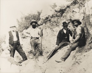 First exploration of the Pala Chief mine, ca. 1900. Left to right: M.S. McLure, Bernardo Heriart, Frank Salmons, Pedro Peiletch. H. C. Gordon, photographer. Courtesy of William Larson, unpublished photo.