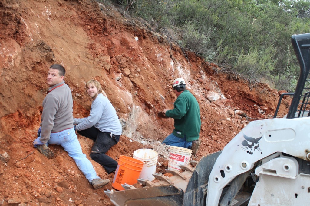 Here I'm digging at a pocket exposed while we were expanding an access road on Chief Mountain in Pala, California. I'm on the far left, followed by my friend Jordan Wilkins and then the mine owner, Jeff Swanger. Its hard dirty work, mostly done by hand once the gems are exposed.