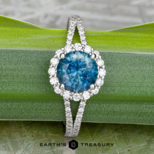The "Charlotte" ring in 14K white gold features a 1.71-carat Montana sapphire surrounded by clear stones in a split-shank halo design, displayed on a green leaf with the Earth's Treasury logo at the bottom.