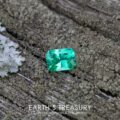 A vibrant 1.48-carat Ethiopian emerald, rectangular in shape, rests on a weathered, textured wooden surface. Moss and lichen surround the gemstone. Text at the bottom of the image reads "EARTH'S TREASURY Custom Gemstones & Fine Jewelry.