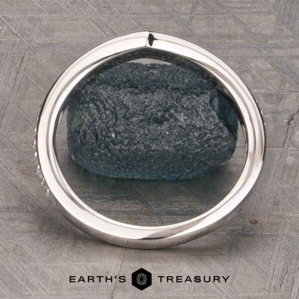 The “Faye” band in platinum A platinum “Faye” band encircles a rough, dark green stone, displayed on a textured gray surface with the Earth’s Treasury logo at the bottom.