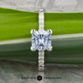 The "Meissa" ring in 14K white gold with a 1.47-carat Montana sapphire and diamond band rests on a green leaf, with the Earth's Treasury logo visible at the bottom of the image.