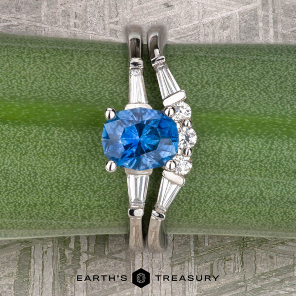 The "Clio" ring in Platinum with 1.23-carat Montana sapphire, alongside the "Clio" band in platinum A platinum "Clio" ring with a 1.23-carat Montana sapphire and diamond accents, paired with the matching "Clio" platinum band, displayed on a green stem with the Earth’s Treasury logo below.