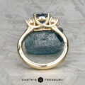 The "Wisteria" 3.0 ring in 14k yellow gold featuring a 1.14-carat Montana sapphire stands upright on a rough stone surface, viewed from the base, with the Earth's Treasury logo at the bottom.