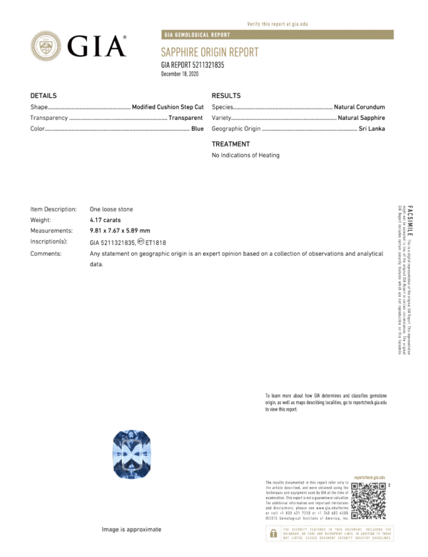 ET1818 GIA report GIA Sapphire Origin Report for a 2.96 carat, royal blue sapphire from Madagascar. The gemstone is natural corundum and has undergone heating treatment. The report includes a detailed description and measurements.