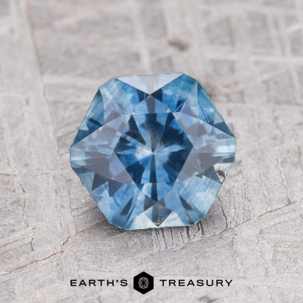 A 1.70-carat Teal Blue Montana Sapphire (Heated) with an octagonal cut is shown on a textured gray surface, with "EARTH'S TREASURY" displayed at the bottom.