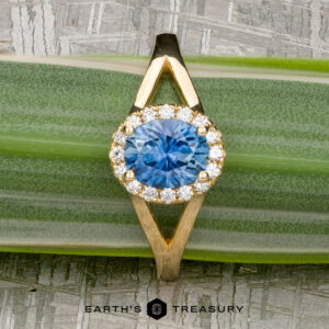 The "Diana" ring in 18K yellow gold features a 1.08-carat Montana sapphire center surrounded by diamonds, shown on a green striped leaf.