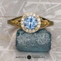 The "Diana" ring in 18K yellow gold features a 0.91-carat Montana sapphire surrounded by diamonds, elegantly displayed on a rough blue stone against a textured metallic background.