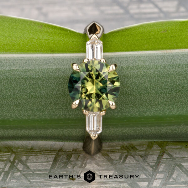 The "Mandevilla" ring in 14k yellow gold with 1.80-carat Australian sapphire The "Mandevilla" ring in 14k yellow gold, featuring a 1.80-carat Australian sapphire and two rectangular side stones, is shown vertically on a lush green leaf. "EARTH'S TREASURY" appears at the bottom.
