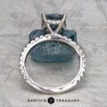 A platinum "Amphitrite" ring with a 1.81-carat Montana sapphire is displayed upright on a textured blue stone background, with the text "EARTH'S TREASURY" below.