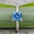 The "Amphitrite" platinum ring, featuring a 1.81-carat Montana sapphire, is displayed upright against a green leaf background.
