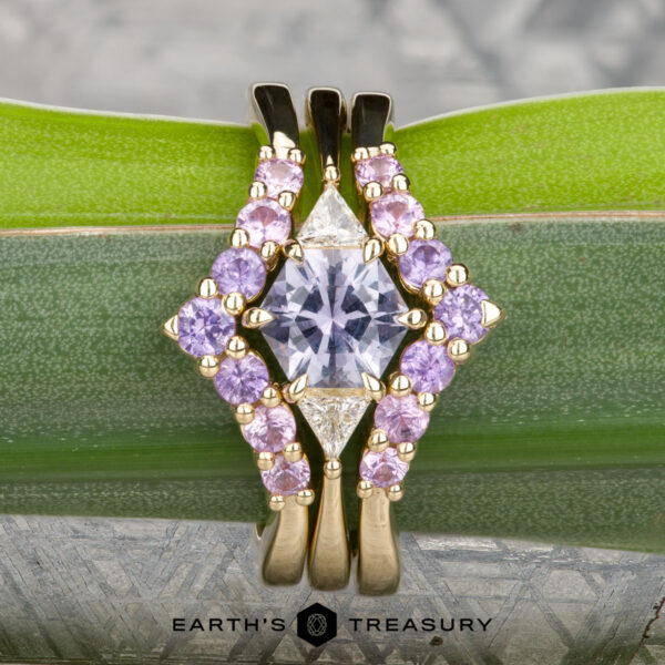 The "Melilai" ring in 14k yellow gold with 1.06-carat Montana sapphire, alongside the "Melilai" band in 14k yellow gold The "Melilai" ring in 14k yellow gold with a 1.06-carat Montana sapphire, paired with the "Melilai" band—both elegantly displayed on a green leaf.