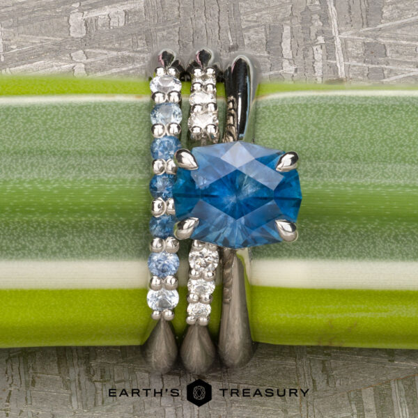 The "Anastasia" in platinum with 2.34-Carat Montana Sapphire, alongside the "Blies" band in platinum and the "Yonne" band in platinum The "Anastasia" ring in platinum with a 2.34-carat Montana Sapphire, paired with the "Blies" and "Yonne" platinum bands, is displayed vertically on a green and white plant stem, with the "Earth's Treasury" logo below.