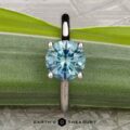 The "Cathedral" ring in platinum, featuring a 2.16-carat Montana sapphire solitaire, stands upright on a green leaf. "EARTH'S TREASURY" is printed at the bottom of the image.