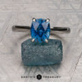 The "Anastasia" ring in platinum with a 2.34-carat Montana sapphire is displayed on a rough blue stone against a patterned gray background, with "EARTH'S TREASURY" at the bottom.