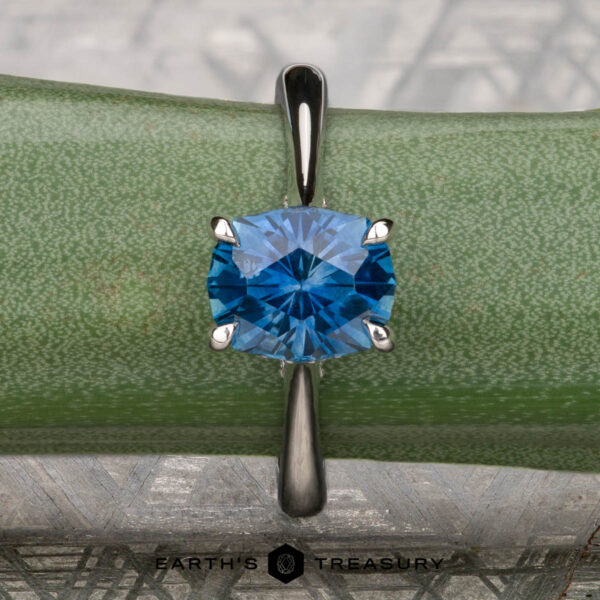 Wetherell, Nikki and Yardy, Nicholas 5 The Wetherell, Nikki and Yardy, Nicholas 5 ring features a blue gemstone in a four-prong silver Hidden Halo Solitaire setting, shown on a green textured surface with "Earth's Treasury" displayed at the bottom.