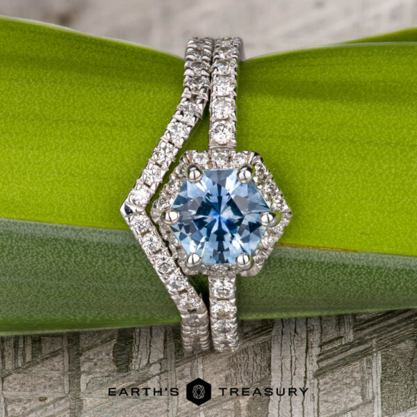 The “Ismene” ring in 14k white gold with 1.29-Carat Montana Sapphire The “Ismene” ring in 14k white gold, featuring a 1.29-carat hexagon Montana Sapphire and petite pave diamond accents, is showcased on a green leaf with the "EARTH'S TREASURY" logo below.