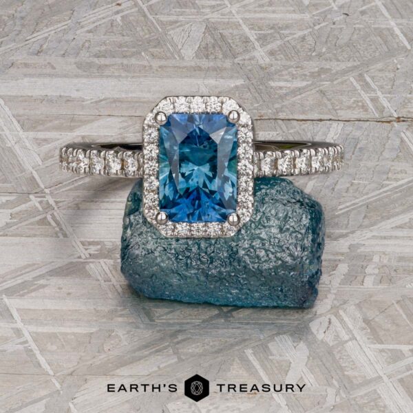 The Petite Pave Halo Ring in 14K white gold with 1.70-Carat Montana Sapphire, alongside the petite pave band in 14k white gold The Petite Pave Halo Ring in 14K white gold with 1.70-Carat Montana Sapphire, alongside the petite pave band in 14k white gold