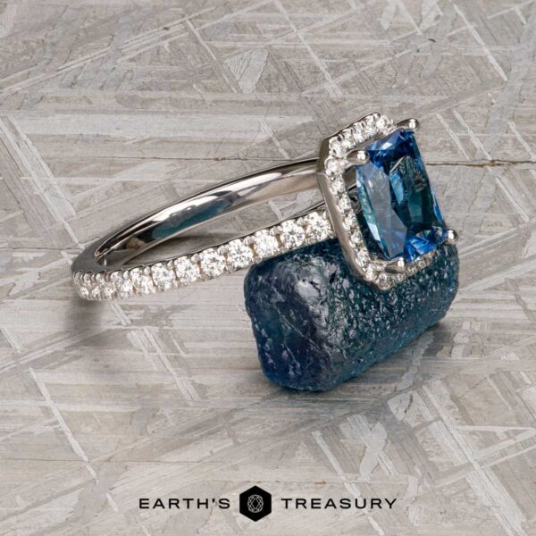 The Petite Pave Halo Ring in 14K white gold with 1.70-Carat Montana Sapphire, alongside the petite pave band in 14k white gold The Petite Pave Halo Ring in 14K white gold with 1.70-Carat Montana Sapphire, alongside the petite pave band in 14k white gold