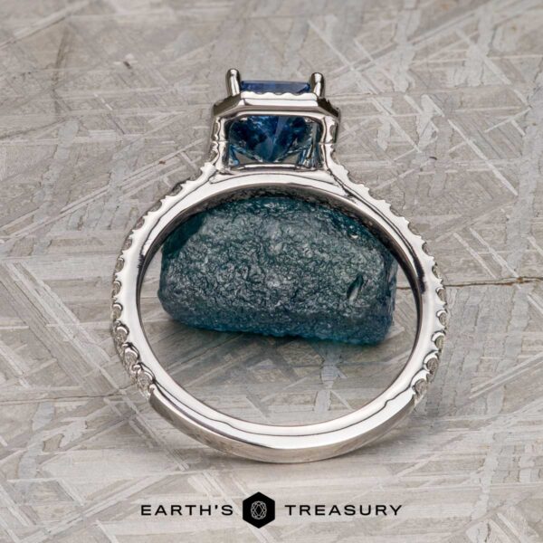 The Petite Pave Halo Ring in 14K white gold with 1.70-Carat Montana Sapphire, alongside the petite pave band in 14k white gold The Petite Pave Halo Ring in 14K white gold with 1.70-Carat Montana Sapphire, alongside the petite pave band in 14k white gold