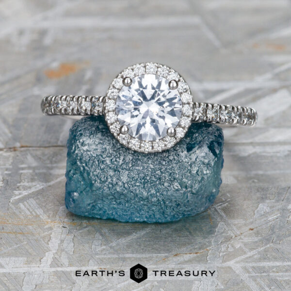 The Petite Pave Halo ring in 14K white gold with 0.98-Carat Montana Sapphire The Petite Pave Halo ring in 14K white gold with 0.98-Carat Montana Sapphire
