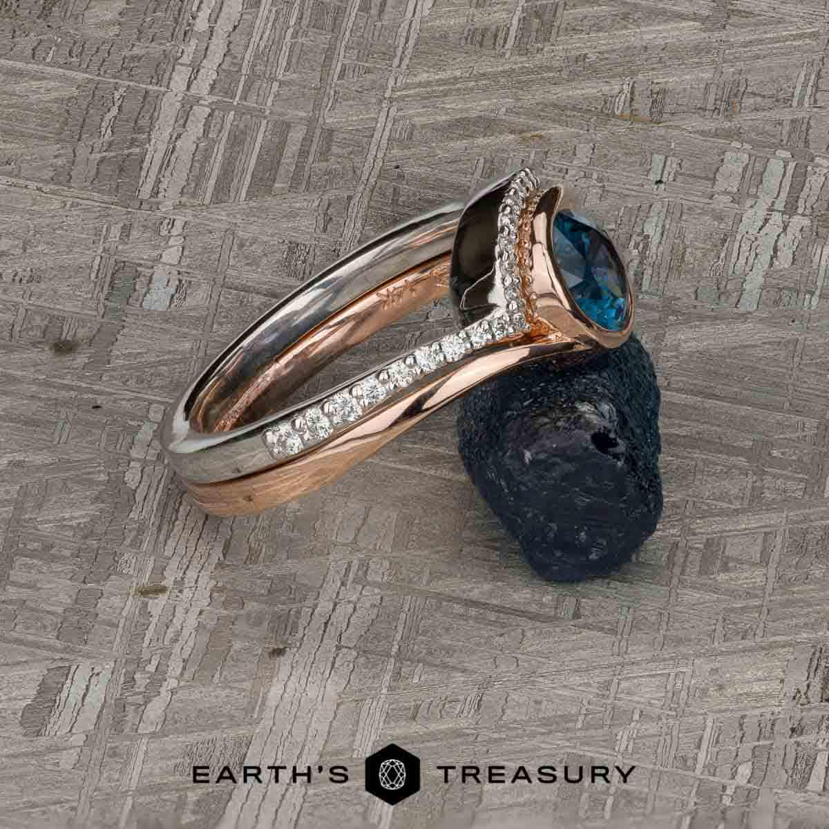 The "Calliste" Solitaire in 14k rose gold with 1.10-Carat Montana Sapphire, alongside the "Calliste" band in 14k white gold