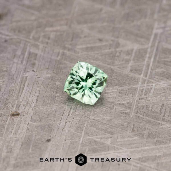 A 2.14-carat pale mint green kornerupine rests on a textured grey surface. The bottom of the image features the text "EARTH'S TREASURY" accompanied by a hexagonal logo. The gem sparkles, reflecting light in intricate patterns.