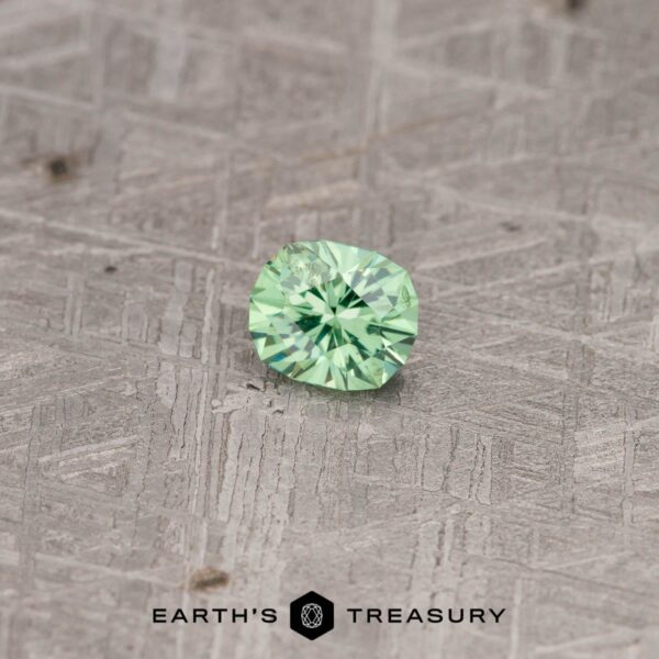 A faceted olive green gemstone displayed on a textured gray surface. The gem has a sparkling, reflective quality. The text "EARTH'S TREASURY" is seen at the bottom center of the image.