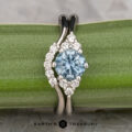 The "Mari" ring in platinum with a 1.01-carat Montana sapphire is shown beside the "Electra" band, both in platinum, elegantly displayed on a green plant stem.