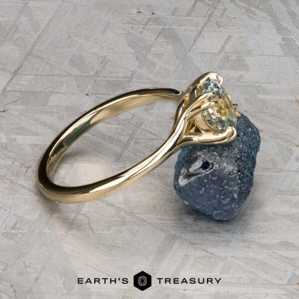 The "Daphne" ring in 14k yellow gold with 1.71-carat Montana sapphire The "Daphne" ring in 14k yellow gold with a 1.71-carat Montana sapphire rests on a rough stone atop a textured metallic surface, with the Earth's Treasury logo featured at the bottom.