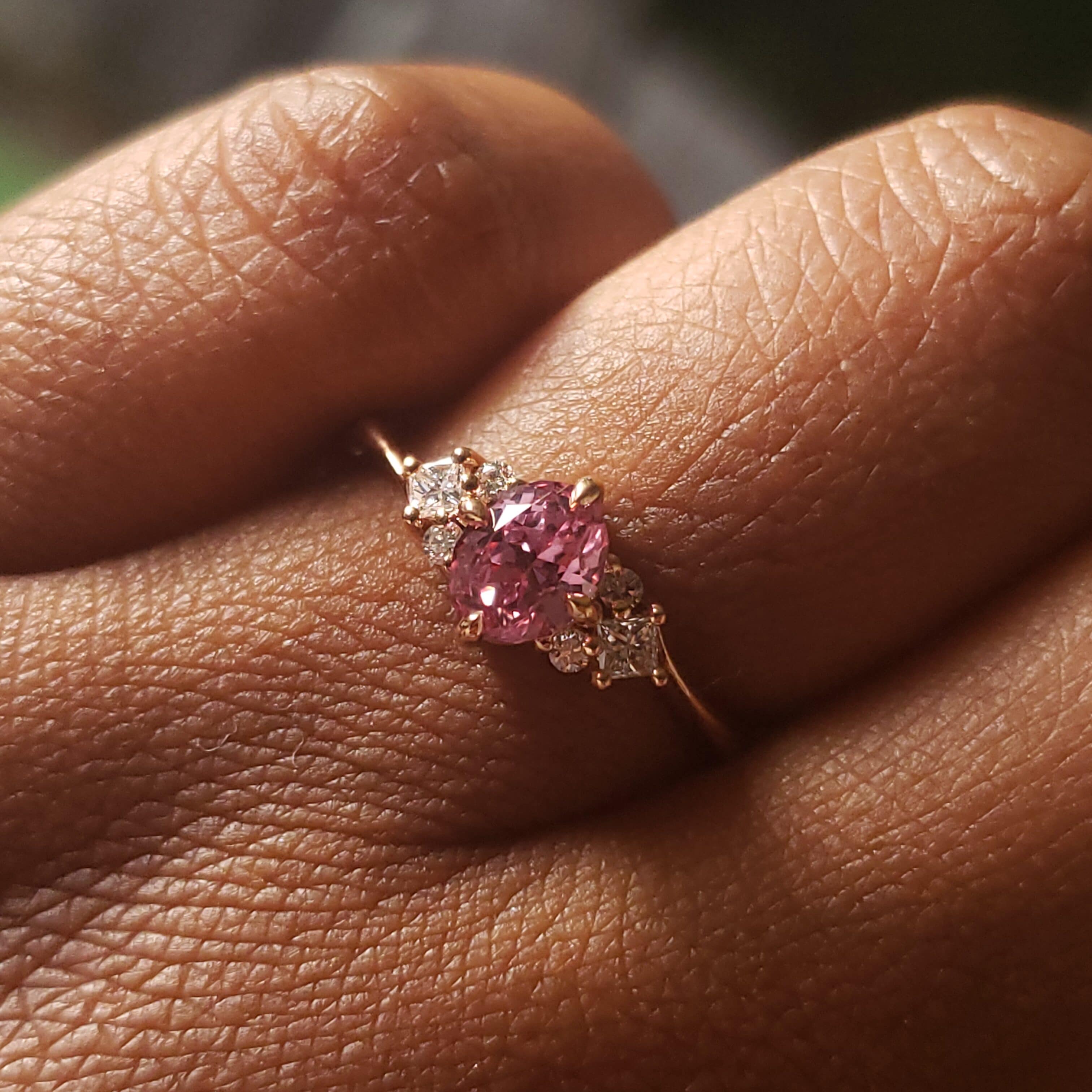 A photo from a customer review featuring a Bypass "Sappho" ring in 20k pink gold with 1.01-Carat Montana Sapphire
