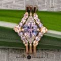 The "Melilai" Ring in 20k pink gold with a 1.42-carat Montana sapphire, paired with the "Melilai" band, elegantly rests on a green plant stem.