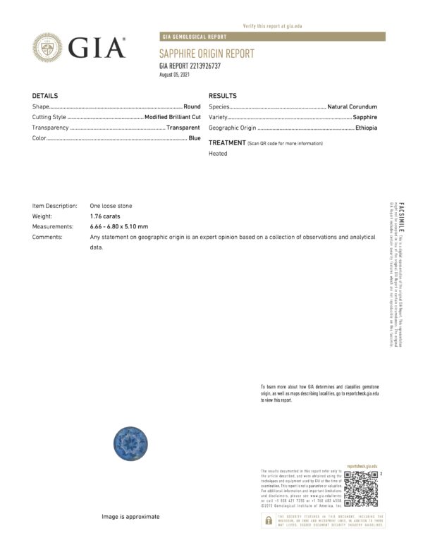ET2048 GIA cert The GIA Sapphire Origin Report provides information about the ET2048 GIA cert, a stunning 1.76-carat Ethiopian Blue Sapphire. This sapphire has a round shape with a modified brilliant cut and showcases a vibrant blue color. It is natural corundum, transparent, and heated. The measurements are 4.66 x 6.08 x 5.10 mm.