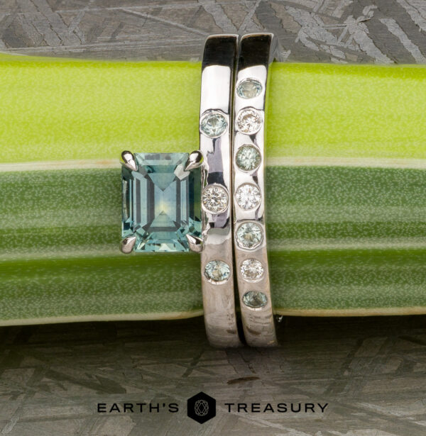 The "Aurai" Ring in 14k white gold with 1.07-Carat Montana Sapphire, alongside the "Aurai" band in 14k white gold The "Aurai" Ring in 14k white gold with 1.07-Carat Montana Sapphire, alongside the "Aurai" band in 14k white gold