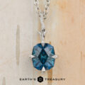 A stunning silver chain necklace showcases a blue, faceted gemstone Twyg pendant set in a leaf-accented design with the "Earth's Treasury" logo elegantly printed at the bottom.