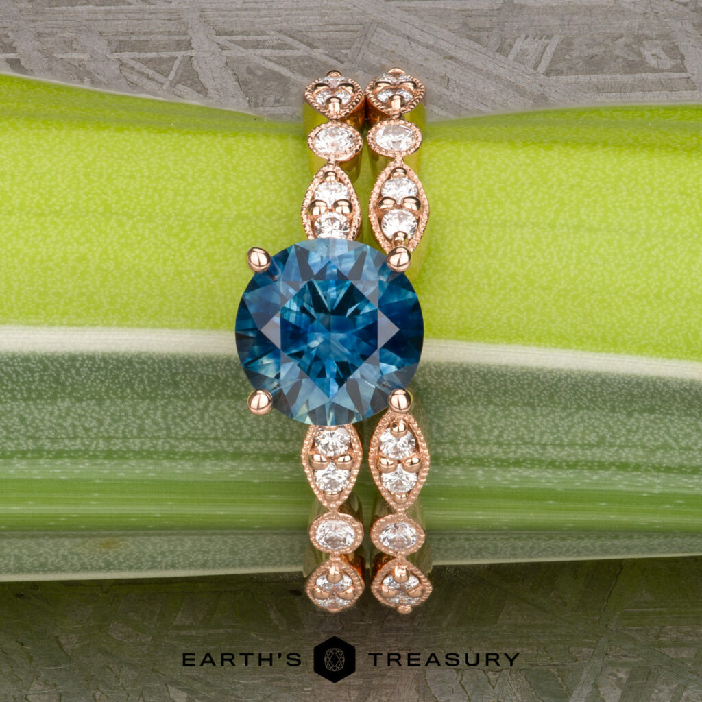 The "Arabella" ring in 14k rose gold with 1.49-carat Montana Sapphire, alongside the "Arabella" band in 14k rose gold