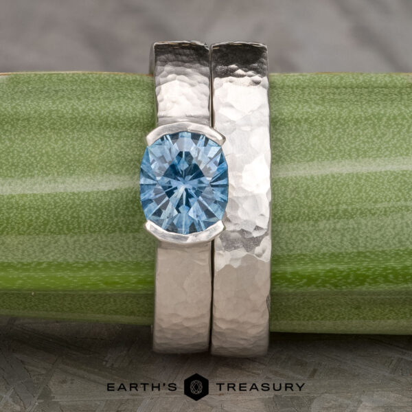 The Wide "Larisa" ring in 14k white gold with 1.42-carat Montana sapphire, alongside the custom-fit straight band in 14k white gold The Wide "Larisa" ring in 14k white gold with 1.42-carat Montana sapphire, alongside the custom-fit straight band in 14k white gold