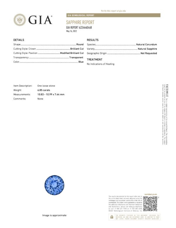 JV1031HG GIA cert JV1031HG GIA cert featuring a breathtaking 6.85-carat, round, brilliant-cut cornflower blue Ceylon sapphire with no evidence of heating.