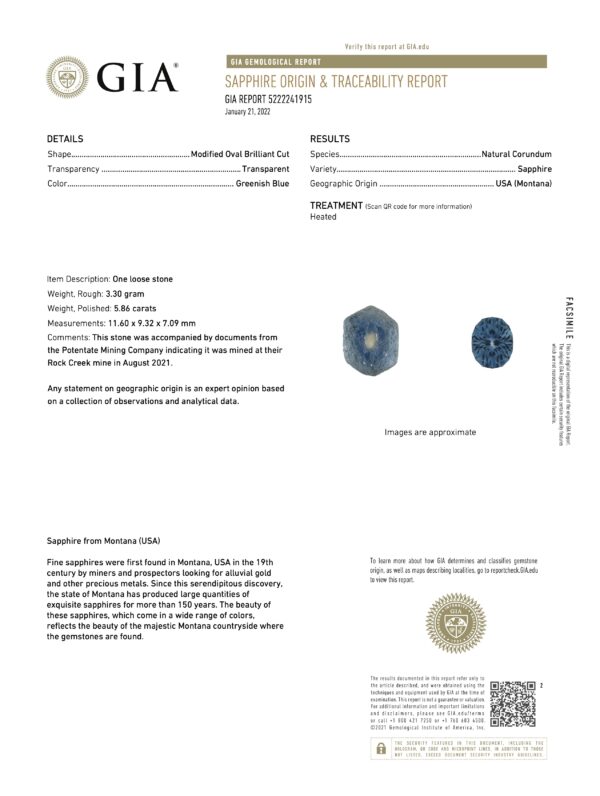 PM2495 GIA cert The PM2495 GIA cert provides an origin report for a 5.86-carat modified oval brilliant cut Montana Sapphire in rich blue, originating from Montana, USA. The report covers details such as the gemstone's measurements, weight, color, and its status as a heated gem.