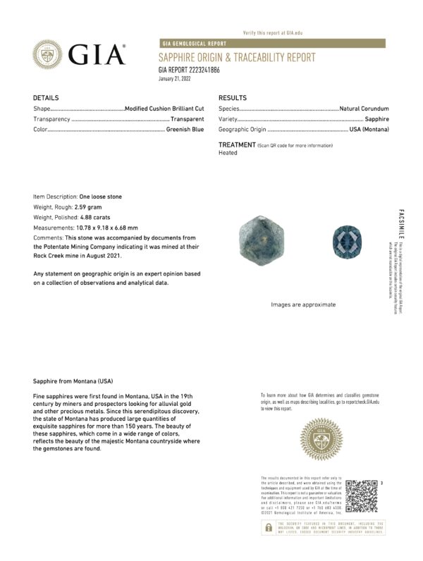 PM2496 GIA Cert GIA certificate for product PM2496, featuring a 2.99-carat cushion brilliant cut sapphire in blue-green, sourced from Montana, USA. Comes with an image of the gemstone and a historical overview of the Montana sapphire mine.