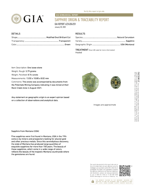 PM2499 NEW GIA Report The PM2499 NEW GIA Report provides detailed information about a Gray-Green Montana Sapphire, including its weight, dimensions, origin (Montana, USA), mining details, and images.
