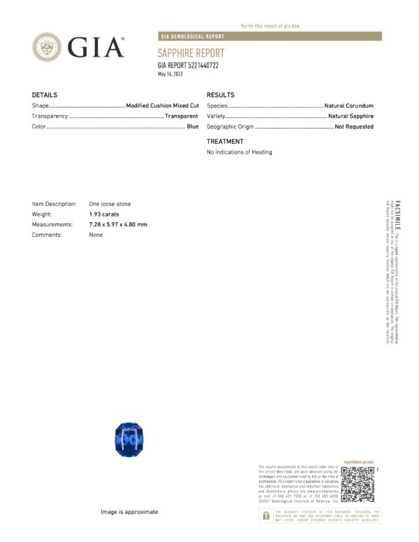 JV1042HG GIA cert The Sapphire report reveals details about the JV1042HG GIA cert, a transparent Royal Blue Ceylon sapphire weighing 1.93 carats. This natural corundum stone, with no indications of heating, features a modified cushion mixed cut.