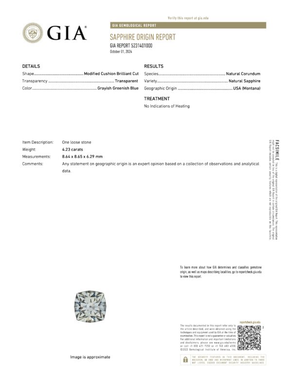MS5719 GIA Report MS5719 GIA Report for a 4.23-carat modified cushion brilliant cut Montana sapphire describes its pale aqua color with a grayish greenish blue hue, transparent clarity, and confirms its origin from Montana, USA, with no indications of heating.
