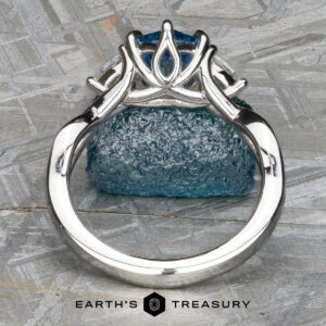 The "Stacked from 50 images. Method=B (R=8,S=4)" ring stands upright on a textured blue stone, with the Earth’s Treasury logo and name displayed below.