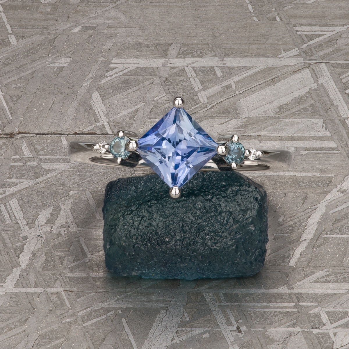 The "Selene" Ring in 14k white gold with 1.00-Carat Umba Sapphire, customized with alternating sapphires and diamonds