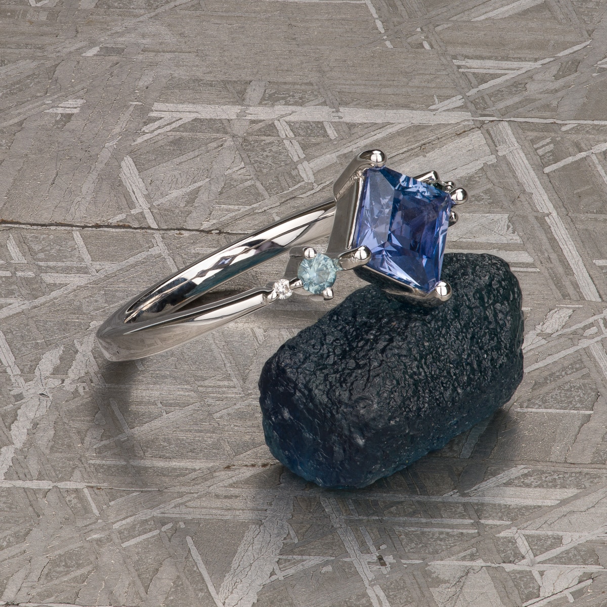 The "Selene" Ring in 14k white gold with 1.00-Carat Umba Sapphire, customized with alternating sapphires and diamonds
