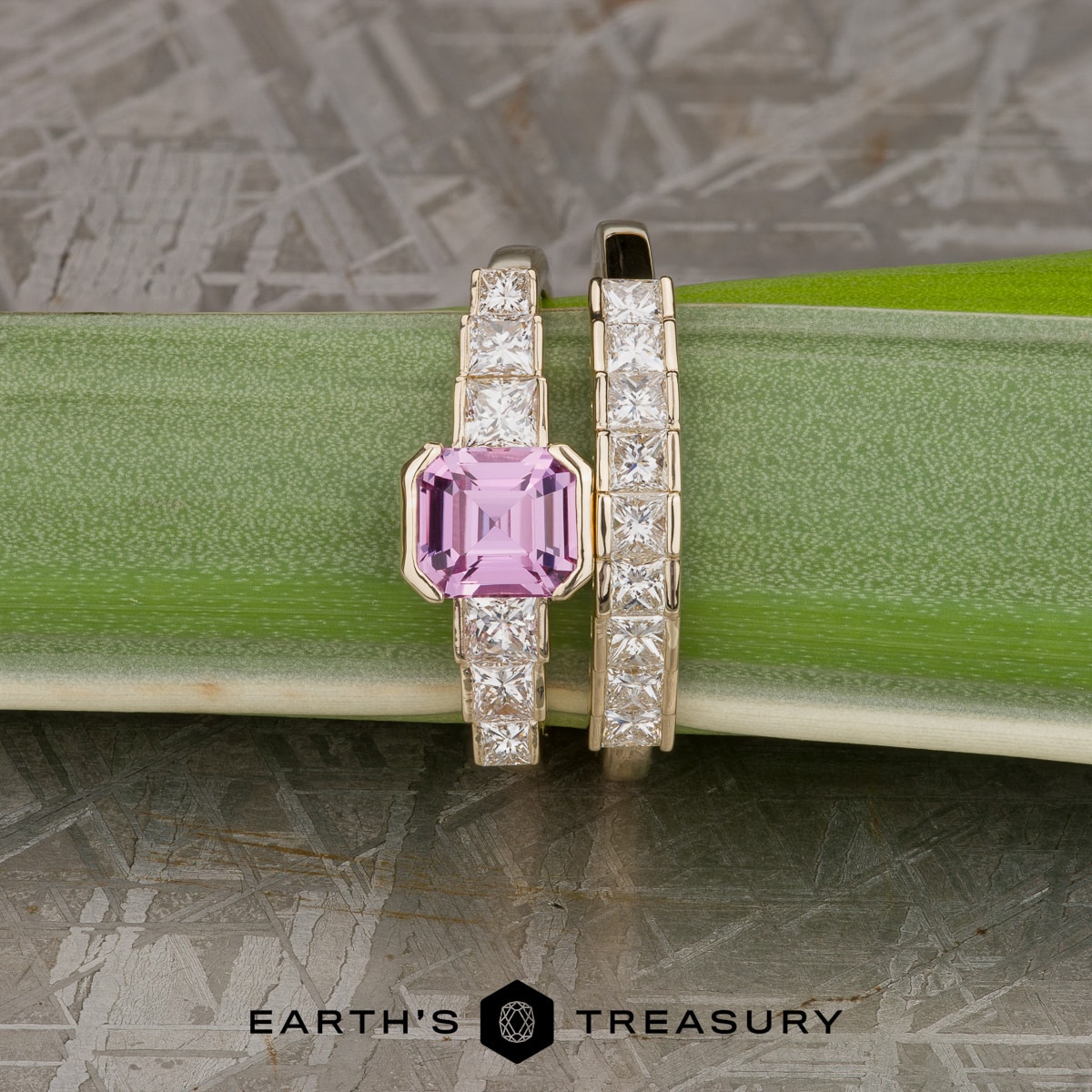 The "Andromeda" Ring in 14k yellow gold with 1.60-Carat pink sapphire, alongside the "Renee" ring in 14k yellow gold