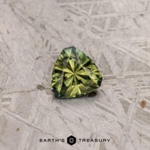A stunning 2.91-carat khaki green Australian sapphire with a radiant starburst pattern is displayed on a textured gray surface. The background features subtle geometric patterns, with the words "EARTH'S TREASURY" visible below the gem.